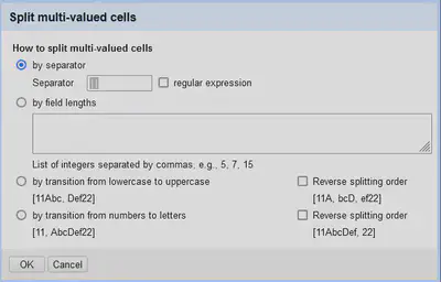 Bildschirmfoto mit Dialog zur Aufteilung der Entities in mehrere Zeilen in OpenRefine.