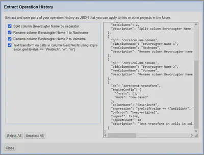 Bildschirmfoto des Dialogs zum Extrahieren von Änderungen.