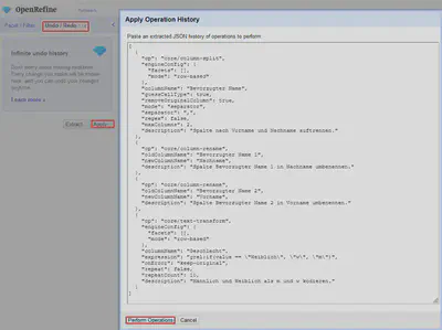 Anwenden von Aktionen über die History Funktion von OpenRefine.