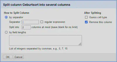 Bildschirmfoto vom Dialog zum Auftrennen von Spalten.