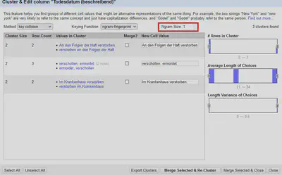 Bildschirmfoto vom Clustering Dialog mit der 'Ngram fingerprint' Methode.