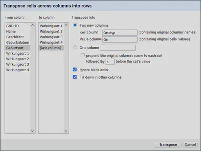 Bildschirmfoto des Dialoges zum Transponieren von Spalten in Zeilen.