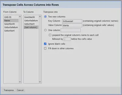 Bildschirmfoto des Dialoges zum Transponieren in zwei Spalten.