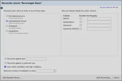 Bildschirmfoto des Reconciliation Dialogs in OpenRefine.