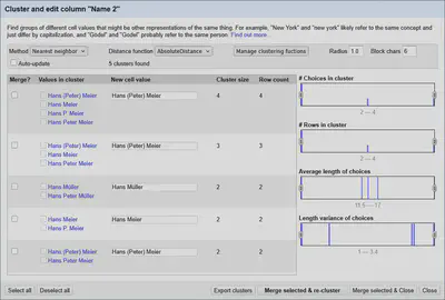 Bildschirmfoto des Clustering Dialogs mit *AbsoluteDistance* Funktion.